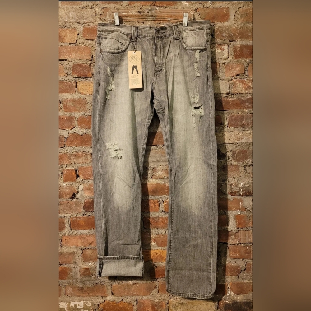 AKNOWLEDGE DISTRESSED DESTROYED &CRAFTED GREY DENIM JEANS 36W 35L GALIEO SLIM